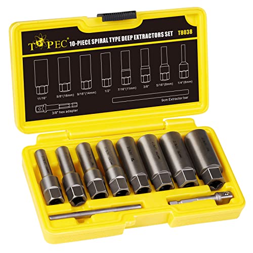 Topec 10-Piece Spiral Type Deep Bolt Extractor Set  Spark Plug Extraction Socket Set  Stripped Lug Nut Remover for Removing Broken  Damaged  Frozen  Rusted  or Rounded-Off Bolts  Nuts  Screws  Studs - Image 1